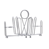 A shiny, chrome plated toast rack with five slots for holding slices of toast. The minimalist design features curved, parallel bars and a looped handle, standing on four ball feet. Ideal for pairing with salt and pepper shakers on a white background.