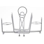 A chrome-plated metal toast rack with five curved slots stands upright on four small round feet. The central arch features a circular handle for easy carrying. This minimalist combination rack appears clean and modern.