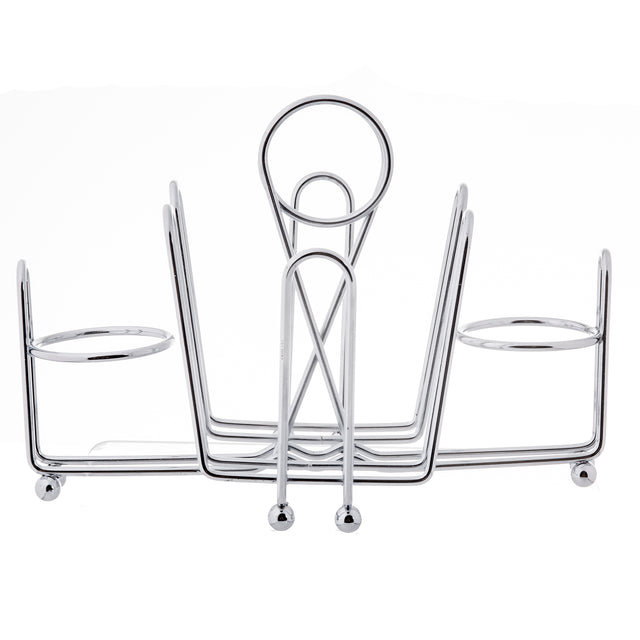 A chrome-plated metal toast rack with five curved slots stands upright on four small round feet. The central arch features a circular handle for easy carrying. This minimalist combination rack appears clean and modern.