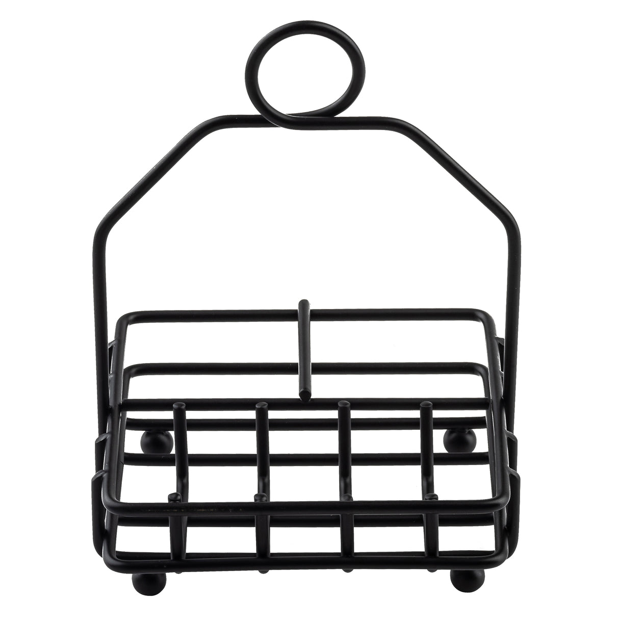 A minimalist, utilitarian toast rack from TableCraft Products features black powder coated metal, a rectangular base with five slots for toast, four round feet, and a large circular handle for easy carrying.