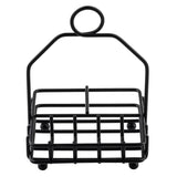 A minimalist, utilitarian toast rack from TableCraft Products features black powder coated metal, a rectangular base with five slots for toast, four round feet, and a large circular handle for easy carrying.