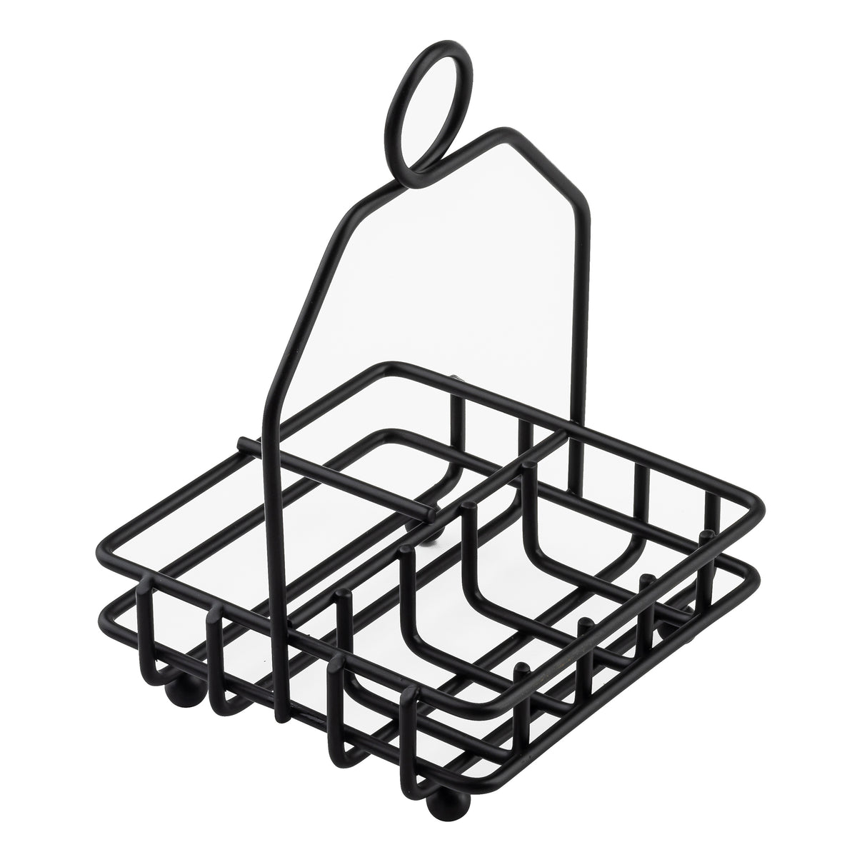 A black powder coated metal wire caddy with four square compartments and a tall handle featuring a circular loop at the top; this TableCraft Products combination rack is perfect for organizing condiments or utensils, and sits on small round feet for stability.