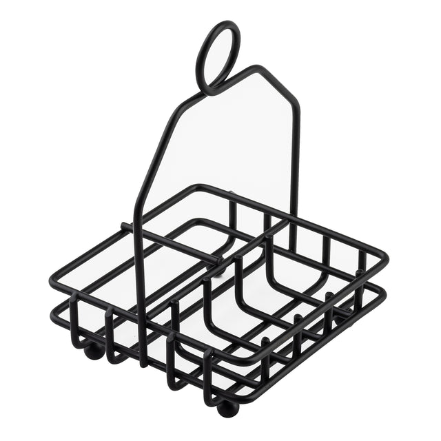 A black powder coated metal wire caddy with four square compartments and a tall handle featuring a circular loop at the top; this TableCraft Products combination rack is perfect for organizing condiments or utensils, and sits on small round feet for stability.