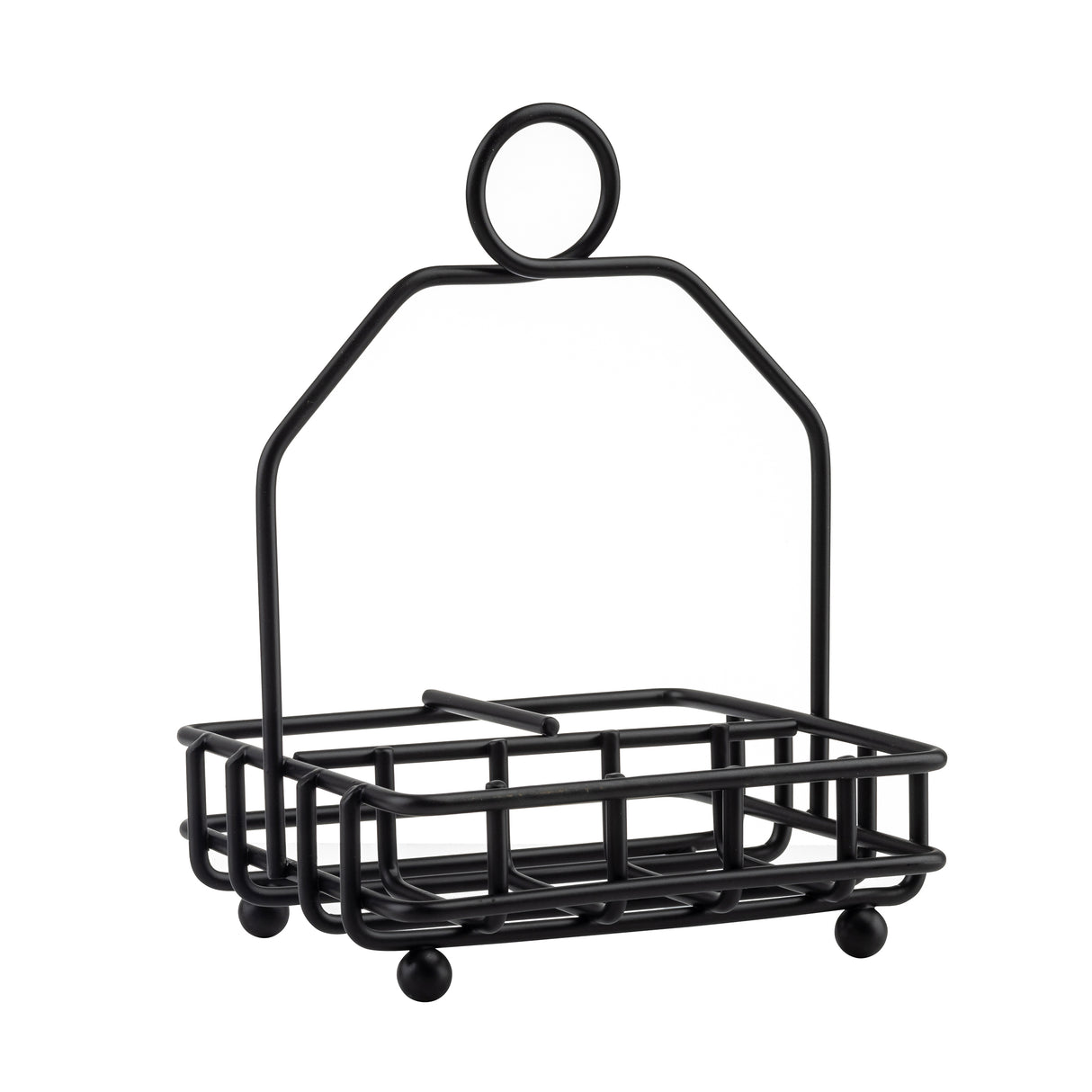 A black powder coated metal soap holder by TableCraft Products features a rectangular base, four round feet, and an upright handle with a circular loop. The open grid design allows for drainage and air circulation—ideal as a combination rack for your sink area.