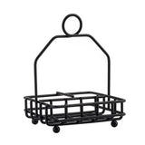A black powder coated metal soap holder by TableCraft Products features a rectangular base, four round feet, and an upright handle with a circular loop. The open grid design allows for drainage and air circulation—ideal as a combination rack for your sink area.
