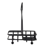 A black powder coated metal napkin holder by TableCraft Products with a rectangular base, four small round feet, and a tall arched handle. Its open square grid design adds a sleek, modern look and makes for easy carrying.