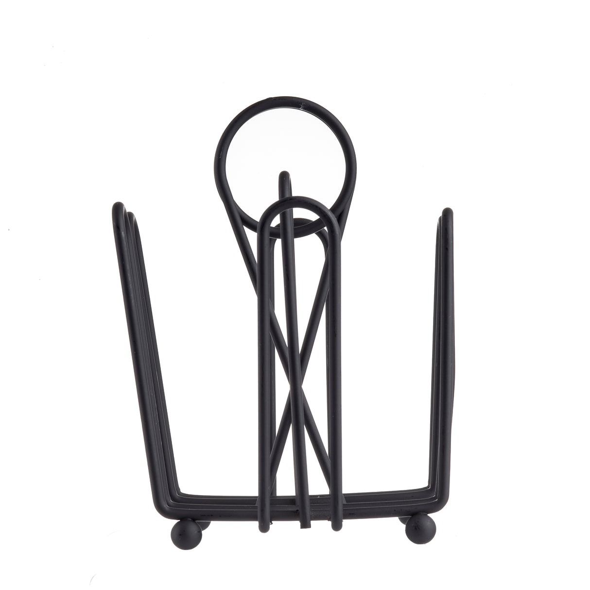 A black powder coated metal stand with a simple geometric design, featuring two angled side arms and a circular merchandising ring at the top. This minimalist holder resembles a Jelly Packet Rack, perfect for organizing small items.