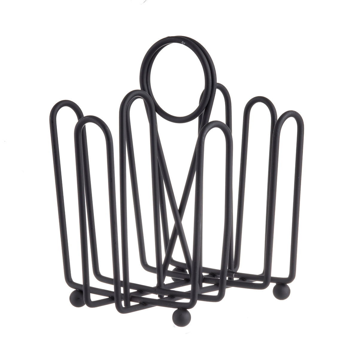 A black powder coated metal wire napkin holder with a geometric, open-frame design. Four arched sides surround a rectangular base, while a merchandising ring at the top adds a modern, minimalist touch. The holder stands on four small round feet.