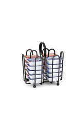 A black powder coated metal packet holder caddy holds two stacks of rectangular white butter trays with red and blue packaging. The caddy has curved handles, four round feet, and is placed on a white background. Perfect as a Jelly Packet Rack.
