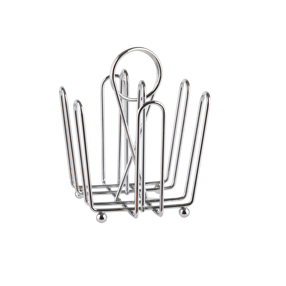 A chrome plated metal wire toast rack with six upright dividers and a merchandising ring handle for easy carrying. Stands on four small round feet. Ideal as a jelly packet condiment rack. The background is plain white.