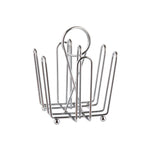 A chrome plated metal wire toast rack with six upright dividers and a merchandising ring handle for easy carrying. Stands on four small round feet. Ideal as a jelly packet condiment rack. The background is plain white.