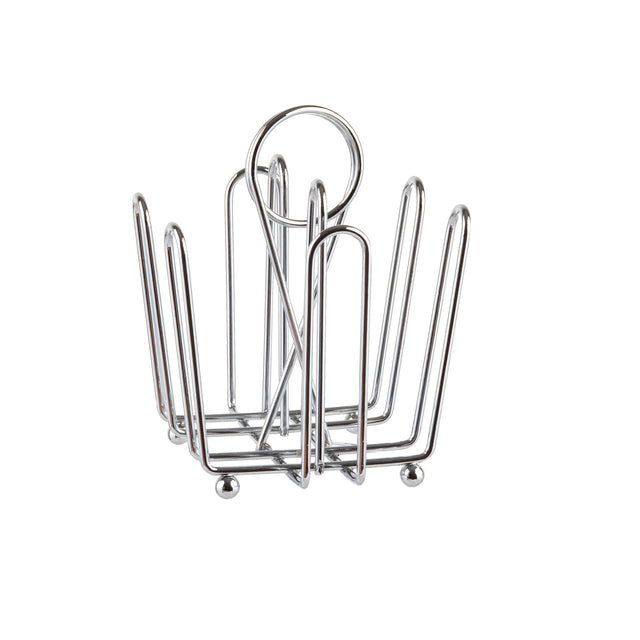 A chrome plated metal wire toast rack with six upright dividers and a merchandising ring handle for easy carrying. Stands on four small round feet. Ideal as a jelly packet condiment rack. The background is plain white.