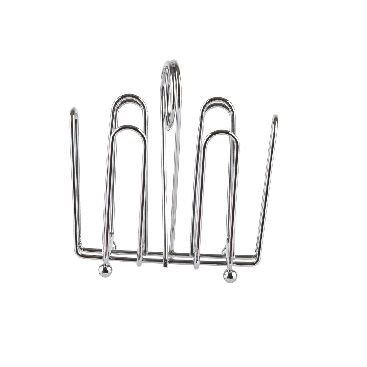 A chrome plated toast rack with vertical, rounded wire slots holds slices upright. Featuring a handle loop at the top center and four small round feet at the base, it doubles as a stylish jelly packet condiment rack on a plain white background.