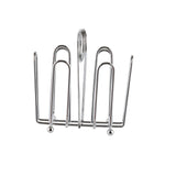 A chrome plated toast rack with vertical, rounded wire slots holds slices upright. Featuring a handle loop at the top center and four small round feet at the base, it doubles as a stylish jelly packet condiment rack on a plain white background.