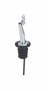 A metal jet pourer with a stainless steel spout and a hinged cap, featuring a black ribbed rubber stopper at the base for a secure fit in bottles. Made from BPA free materials, set against a plain white background.