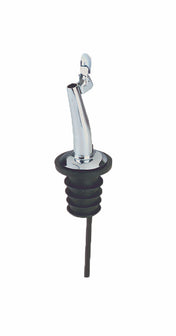 A metal jet pourer with a stainless steel spout and a hinged cap, featuring a black ribbed rubber stopper at the base for a secure fit in bottles. Made from BPA free materials, set against a plain white background.