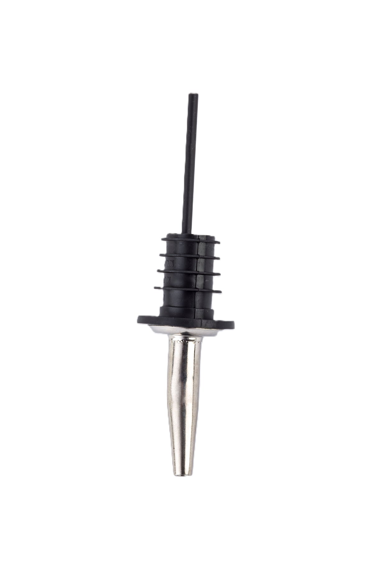 A metal and black plastic TableCraft pourer with a stainless steel pourer, ribbed stopper for a secure fit, and a long plastic vent tube attached, shown against a plain white background.