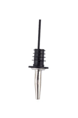 A metal and black plastic TableCraft pourer with a stainless steel pourer, ribbed stopper for a secure fit, and a long plastic vent tube attached, shown against a plain white background.