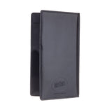 A TableCraft black vinyl Check Presentation Holder, partially open, displays an embossed logo reading Tough That Hold Your Cash. Detailed stitching lines the edges, and the inside pocket is slightly exposed for convenience.
