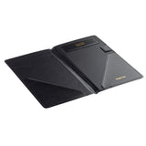 An open TableCraft check presentation holder in black leather with angled card slots and "Thank You" embossed in gold on the inner right. The left side has a large pocket, and a small rectangular compartment sits at the top right, all set against a white background.