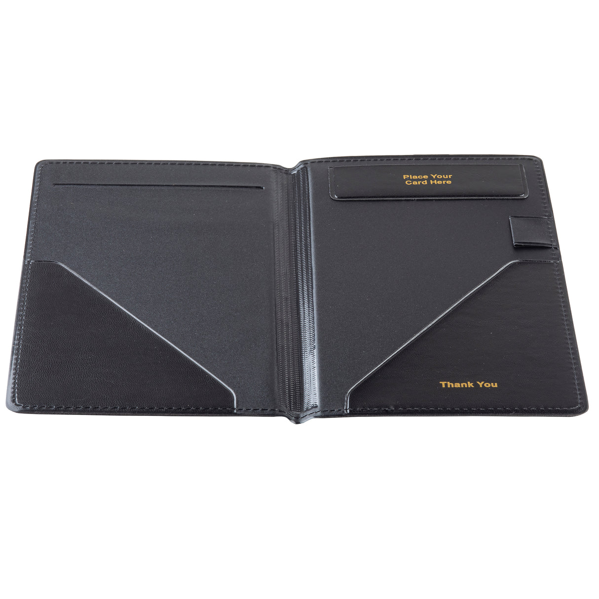 An open black faux leather check presentation holder with stitched edges. The left side has two angled pockets, while the right features a receipt slot, pen holder, card pocket labeled Place Your Card Here, and Thank You printed in gold lettering at the bottom.