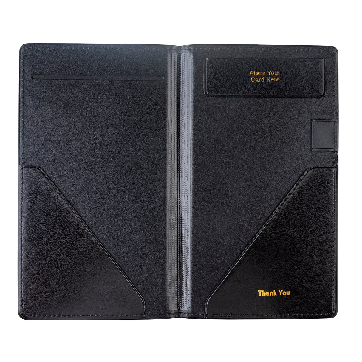 An open black and brown vinyl check presentation holder with two corner pockets, a vertical slot on the left, a transparent center sleeve, and a “Place Your Card Here” slot. “Thank You” is printed in gold on the TableCraft-designed bottom right pocket.