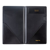 An open black and brown vinyl check presentation holder with two corner pockets, a vertical slot on the left, a transparent center sleeve, and a “Place Your Card Here” slot. “Thank You” is printed in gold on the TableCraft-designed bottom right pocket.