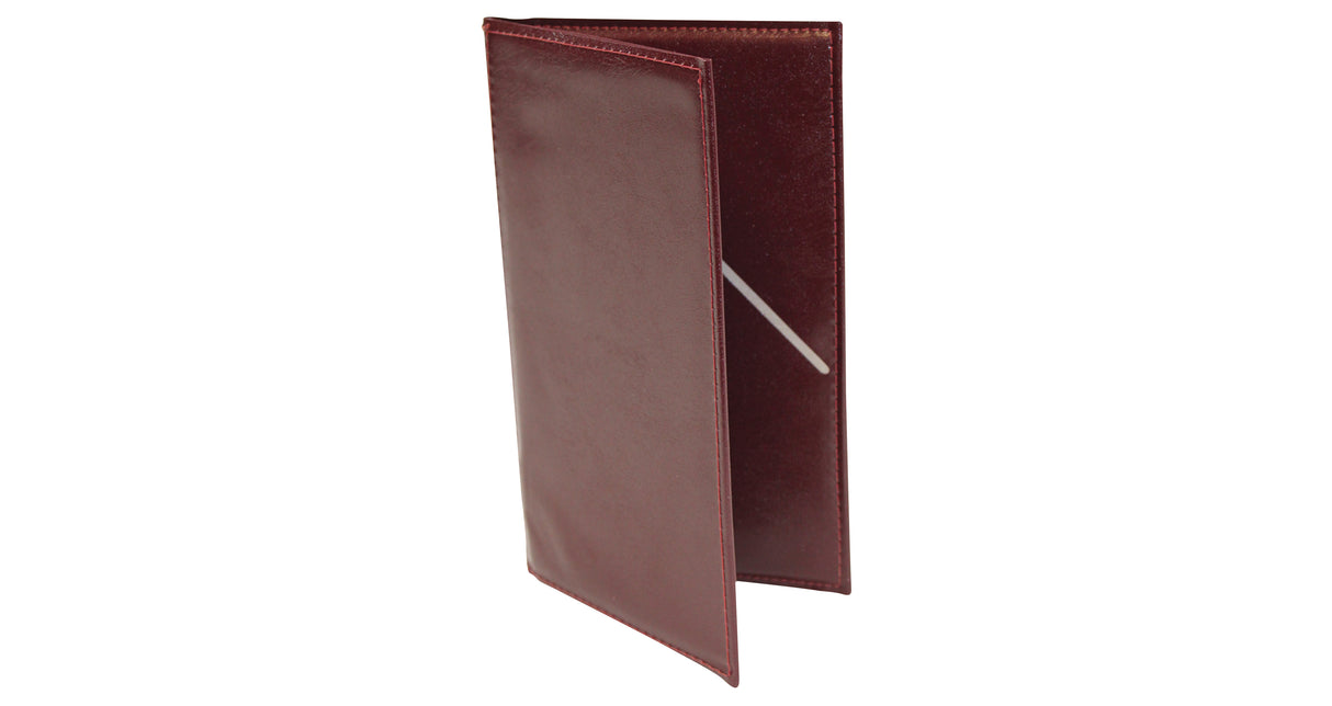 A standing, open TableCraft burgundy leather check presentation holder with stitched edges, shown against a white background. One inside flap is partially visible, featuring a diagonal slot for holding receipts, bills, or cards.
