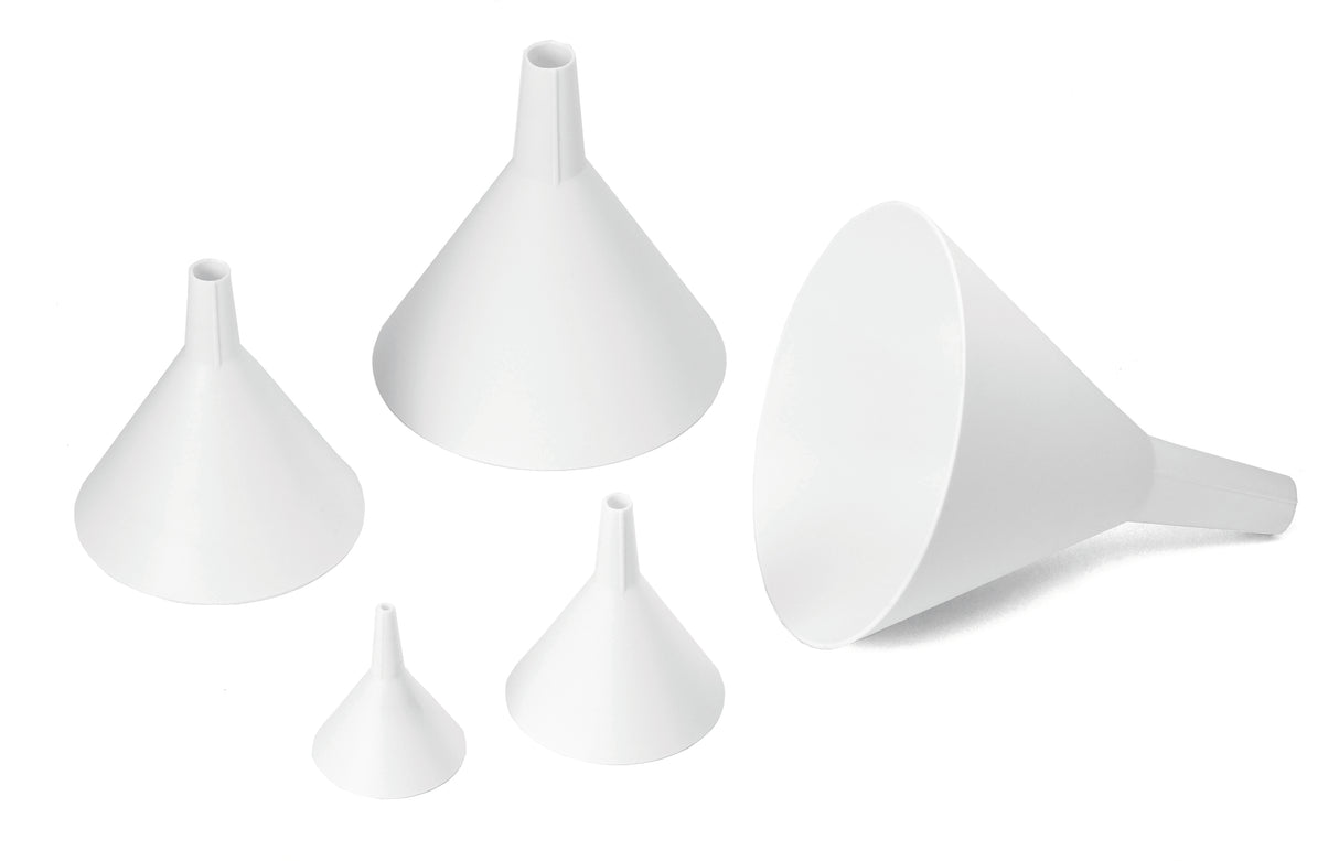 Five white plastic funnels of various sizes are arranged on a white background. This funnel set features four grouped funnels on the left and a larger one on the right, all facing upward. The plastic design is durable and dishwasher safe.