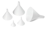 Five white plastic funnels of various sizes are arranged on a white background. This funnel set features four grouped funnels on the left and a larger one on the right, all facing upward. The plastic design is durable and dishwasher safe.
