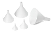 Five white plastic funnels of various sizes are arranged on a white background. This funnel set features four grouped funnels on the left and a larger one on the right, all facing upward. The plastic design is durable and dishwasher safe.