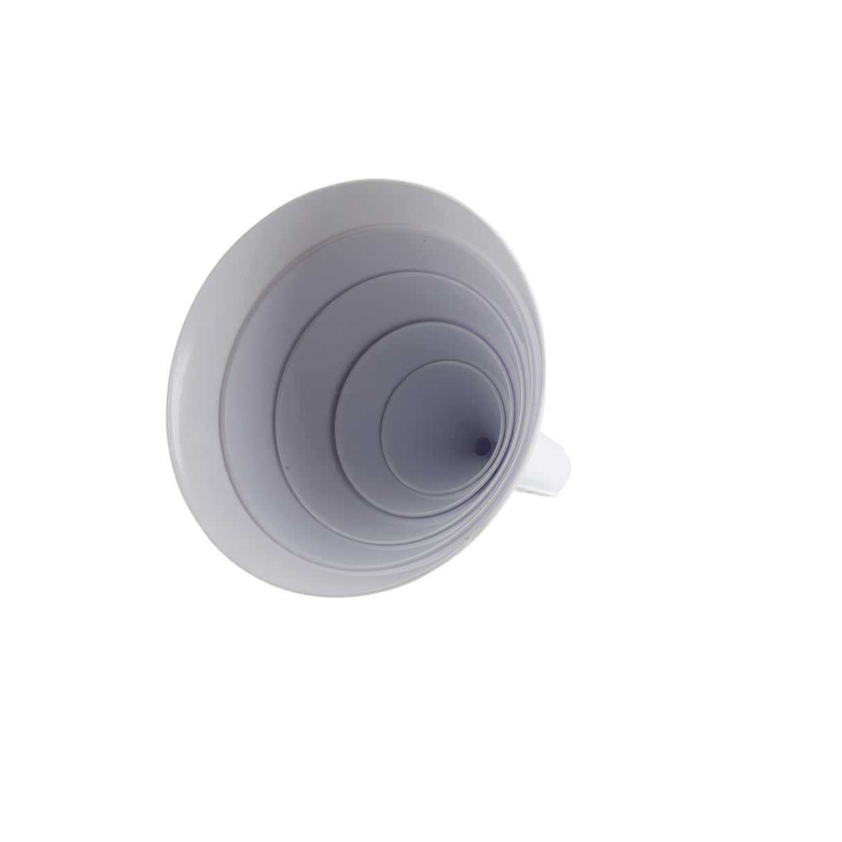 A white plastic funnel, part of a funnel set, is viewed from above on a white background. It features concentric circular ridges forming a spiraled pattern toward the small central hole, with a handle on the right side and is dishwasher safe.