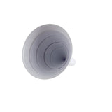 A white plastic funnel, part of a funnel set, is viewed from above on a white background. It features concentric circular ridges forming a spiraled pattern toward the small central hole, with a handle on the right side and is dishwasher safe.