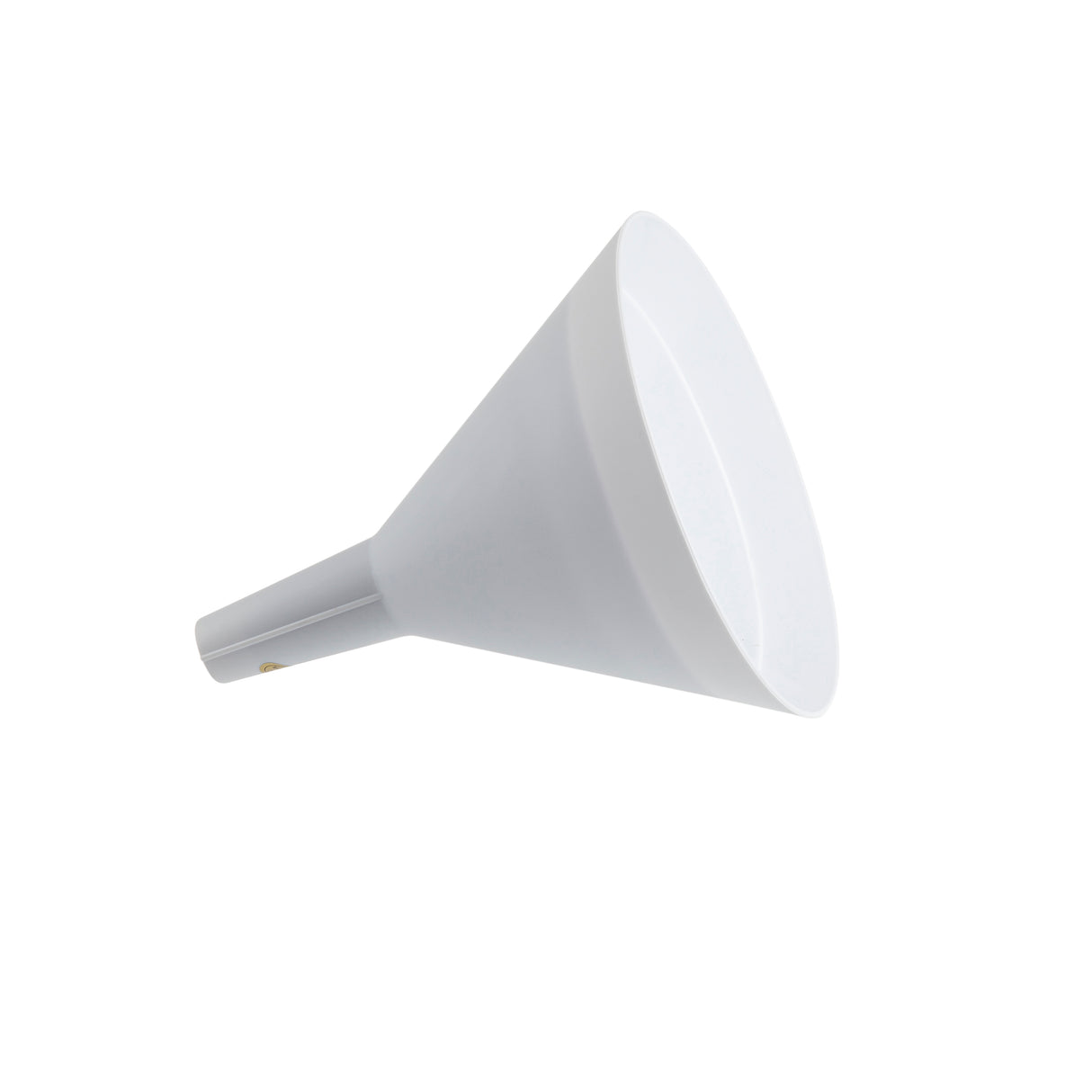 A white plastic funnel is pictured against a plain white background. The funnel has a wide conical top that tapers to a narrow spout, ideal for pouring liquids or powders into containers with small openings. This plastic funnel is dishwasher safe.