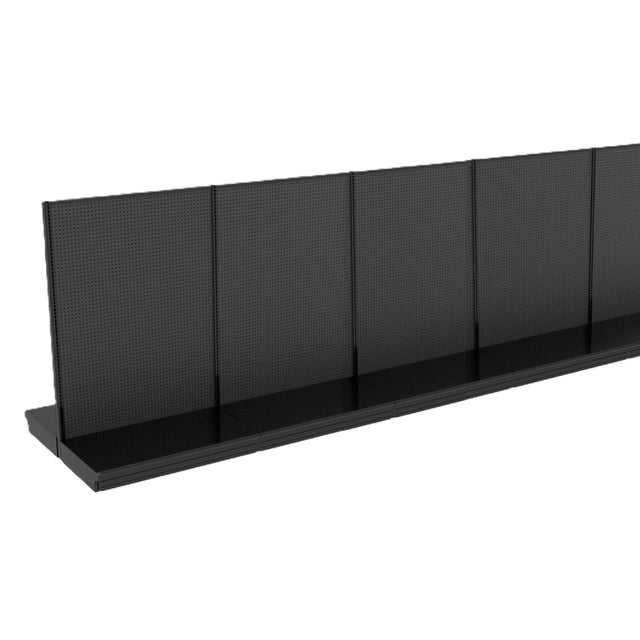 Black metal gondola retail shelving unit with five connected sections, each featuring perforated pegboard back panels and flat base shelves. This Kent Unlimited display is photographed on a white background with no products or accessories shown.
