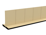 A beige metal Kent Unlimited retail shelving gondola with perforated back panels, no shelves installed, stands on a black base. The long, straight unit is viewed at an angle, displaying four connected sections.