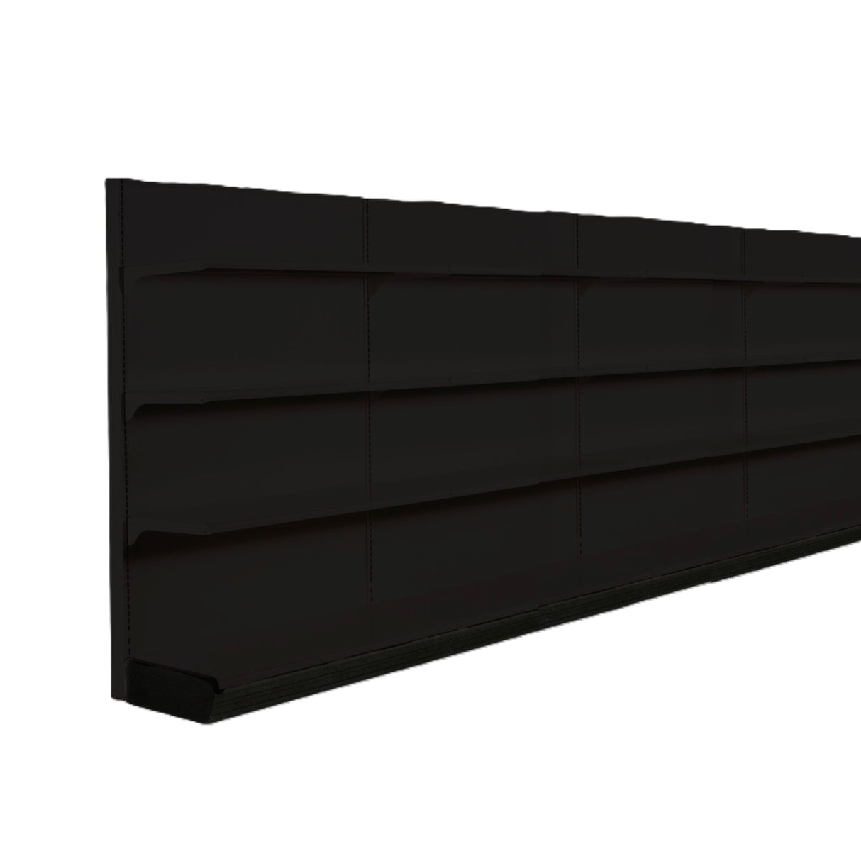 A black, rectangular slatwall panel is shown at an angle. Ideal for wall storage, the panel features multiple evenly spaced horizontal grooves for hooks or shelves. The smooth, matte finish makes it a sleek addition to any Kent Unlimited setup.
