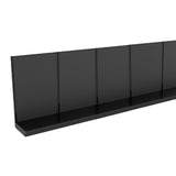 A long, empty wall storage unit with a black perforated back panel and five flat shelves at the bottom, all aligned side by side. The shelves and panels are clean and unadorned, shown against a white background.