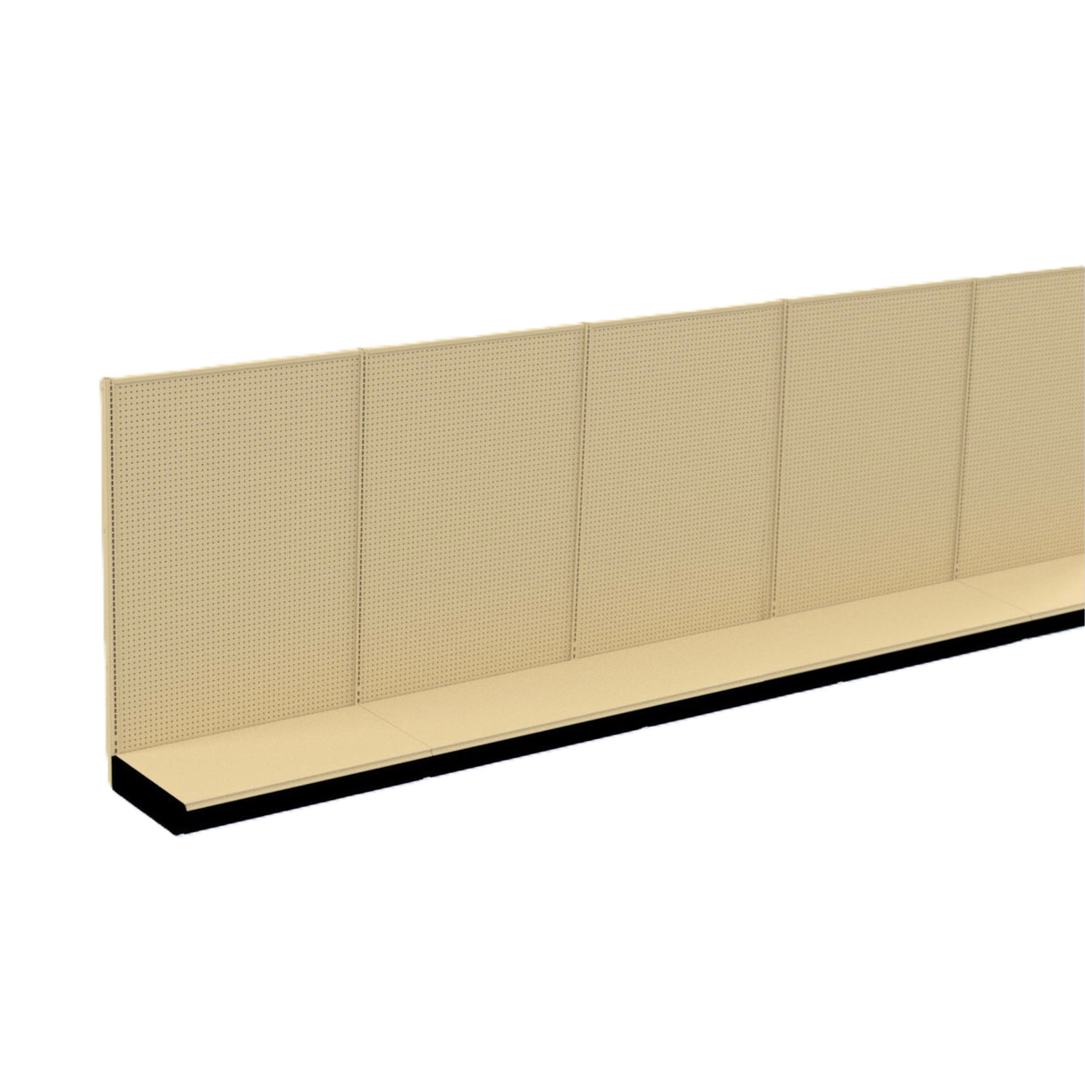 A long, empty beige metal wall unit with a pegboard back and solid base. Set against a white background, it features four upright back panels and a continuous bottom shelf—no products or fixtures attached, reminiscent of a Kent Unlimited display.