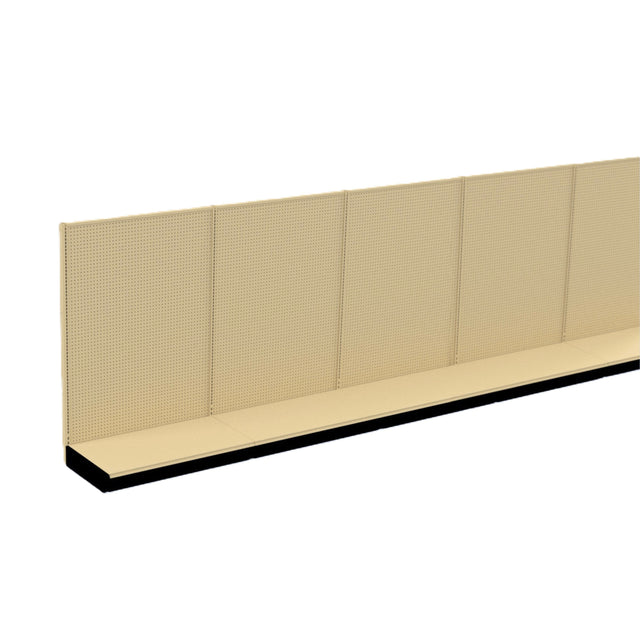 A long, empty Kent Unlimited wall storage shelving unit with an ivory pegboard backing and a black base, viewed from an angle. The surface is clean and unstocked, set against a pure white background.