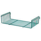 A green Metroseal 3 metal wire shelf with open sides and a flat bottom. The ends curve upward for support, with hooks for hanging under a shelf or cabinet, and features Microban antimicrobial protection for extra storage safety.