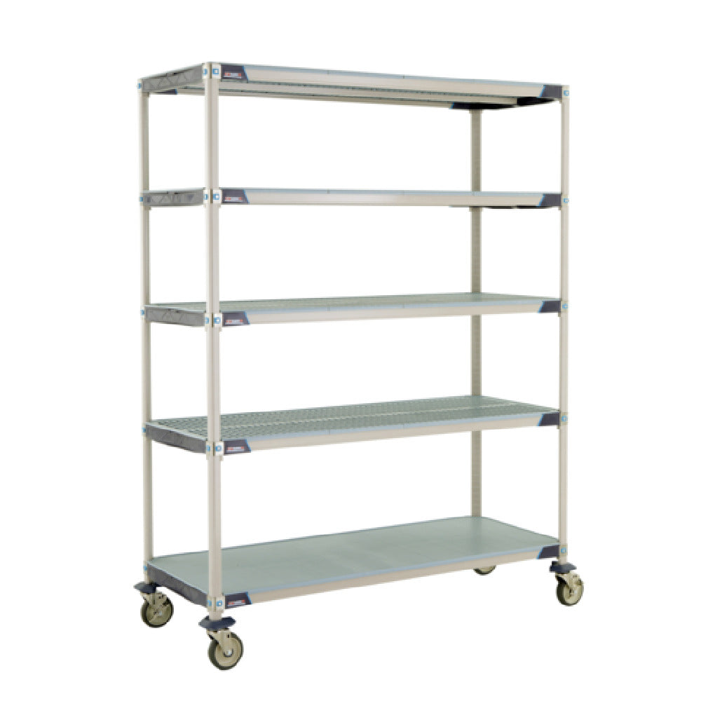 Metro 5X567EGX3 MetroMax® I Mobile Shelving Unit 60"W X 24"D X 80"H (4) Corrosion Proof Open Grid Shelves With Removable Shelf Mats & (1) Corrosion Proof Solid Shelf With Removable Shelf Mat