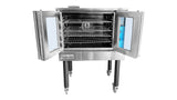 A large stainless steel convection oven with double glass doors open, revealing multiple chrome racks inside. The oven stands on four black legs with wheels for mobility. The front displays a Convection label and features ENERGY STAR certification.