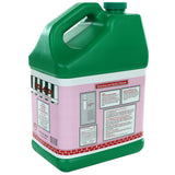 A large green plastic jug with a handle and screw cap, labeled on the side with a pink, red, and white design. The label details directions, special features like its biodegradable formula, and caution information for an industrial dishwashing liquid detergent.
