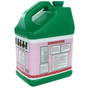 A large green plastic jug with a handle and screw cap, labeled on the side with a pink, red, and white design. The label details directions, special features like its biodegradable formula, and caution information for an industrial dishwashing liquid detergent.