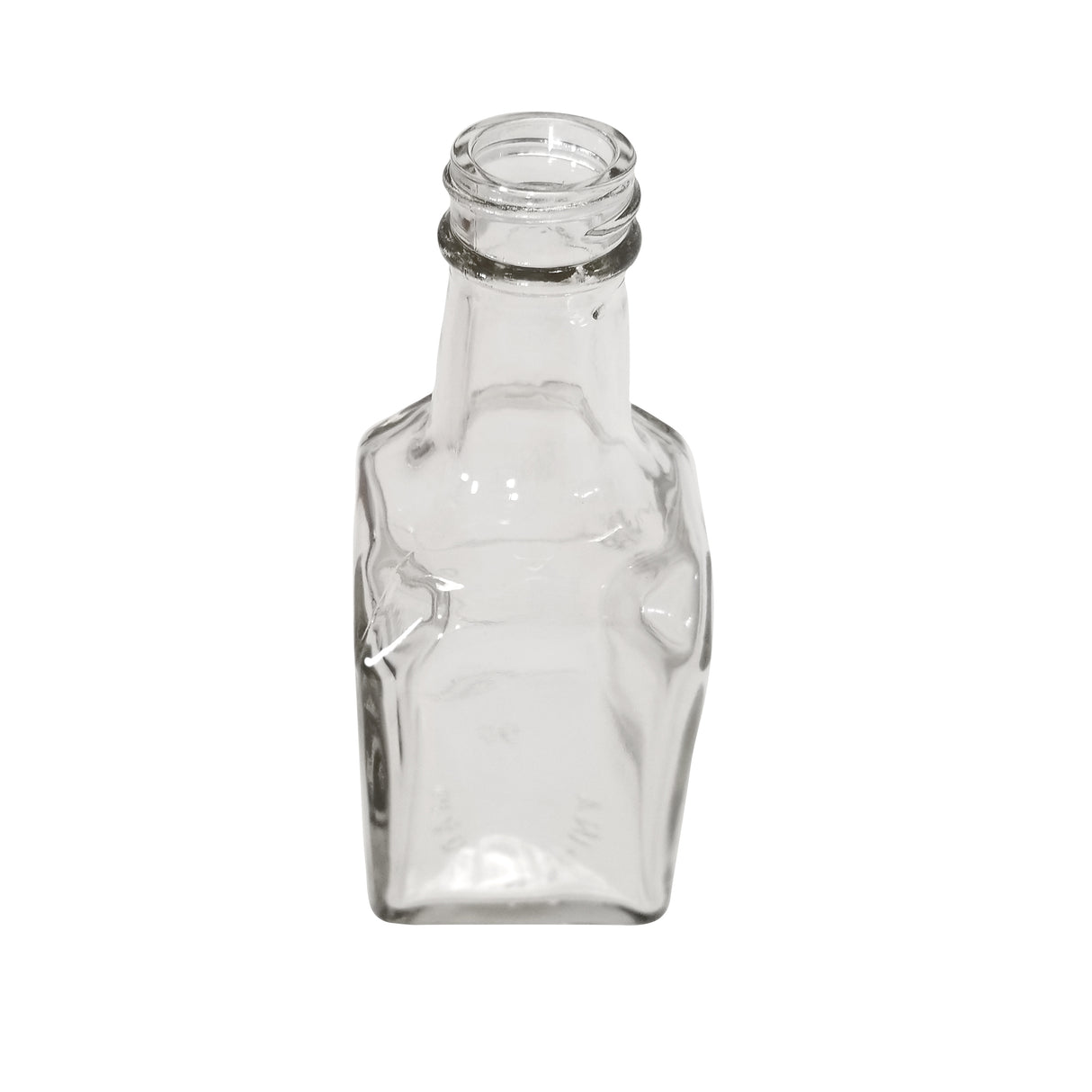 A clear, empty, square-shaped 6 oz. glass bottle with a short neck and wide mouth is shown upright against a plain white background. Dishwasher safe, this replacement jar has no label, lid, or markings and its transparent surface reflects light.