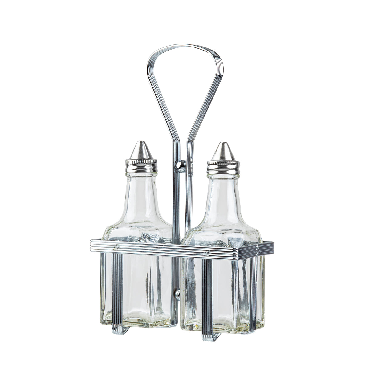 Two empty glass bottles with stainless steel tops are held upright in a silver metal caddy with a handle. Ideal as an Oil & Vinegar Dispenser, the geometric rectangular caddy fits the bottles snugly. The background is white and uncluttered.