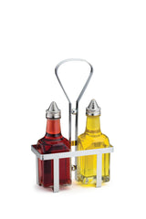 Two glass bottles, perfect as an Oil & Vinegar Dispenser, are filled with red and yellow liquids and set in a silver metal holder. Featuring stainless steel tops, they rest against a plain white background for a clean presentation.