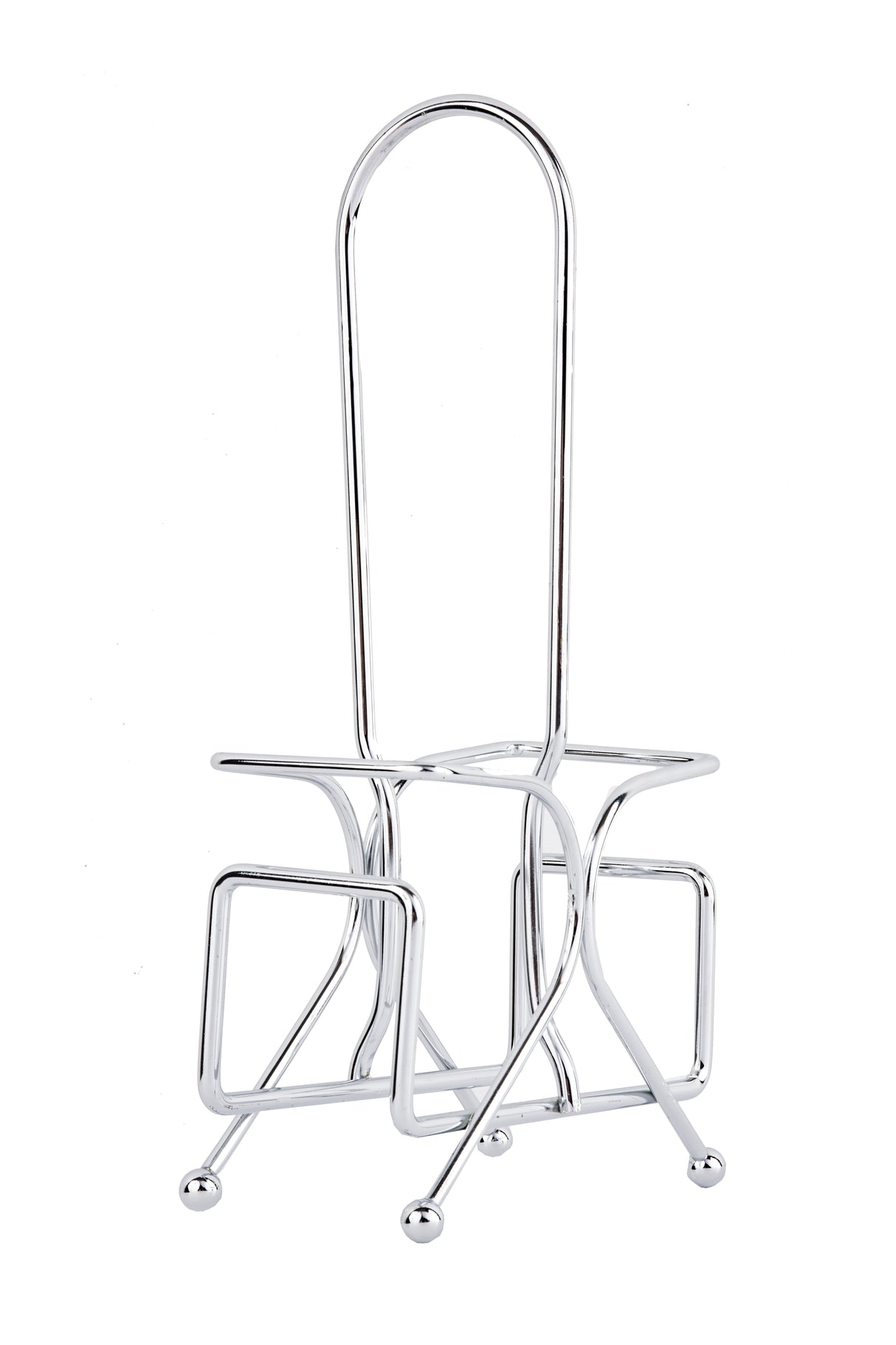 A modern, shiny chrome plated toilet paper holder by TableCraft with a tall, curved handle and four ball feet. The open rack design features geometric shapes and rectangular loops for storing extra rolls. Background is plain white.