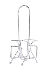 A modern, shiny chrome plated toilet paper holder by TableCraft with a tall, curved handle and four ball feet. The open rack design features geometric shapes and rectangular loops for storing extra rolls. Background is plain white.
